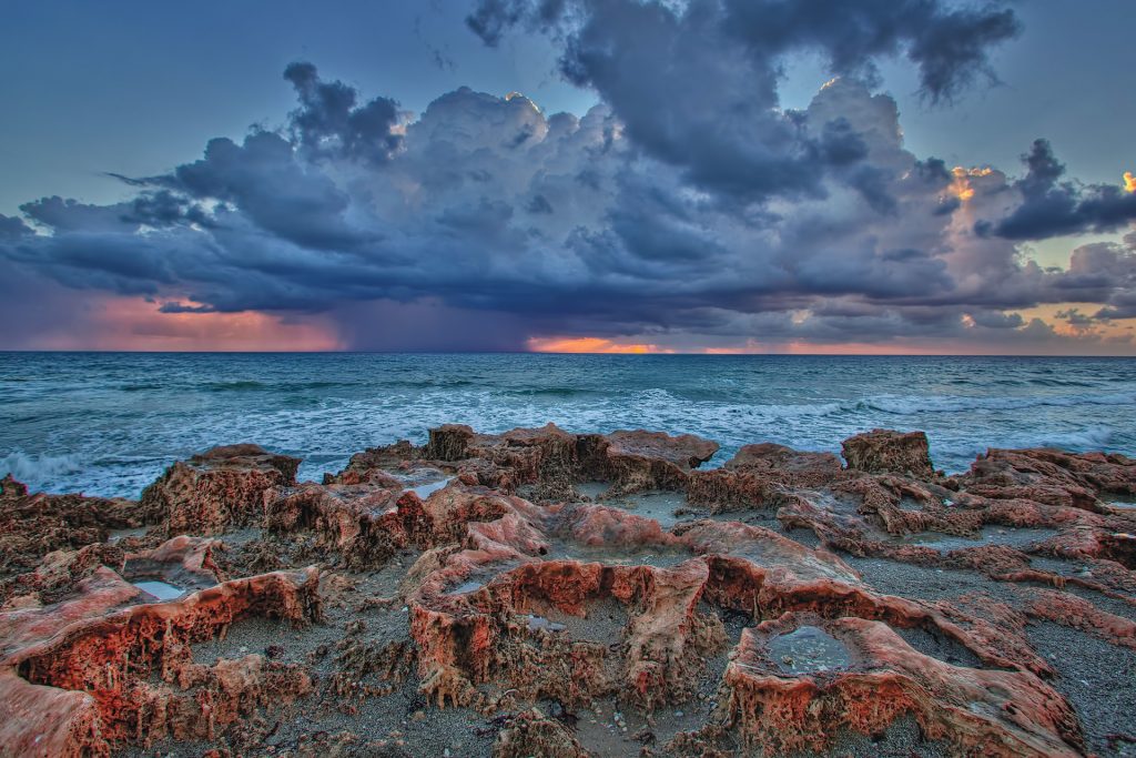 rocky beach at night