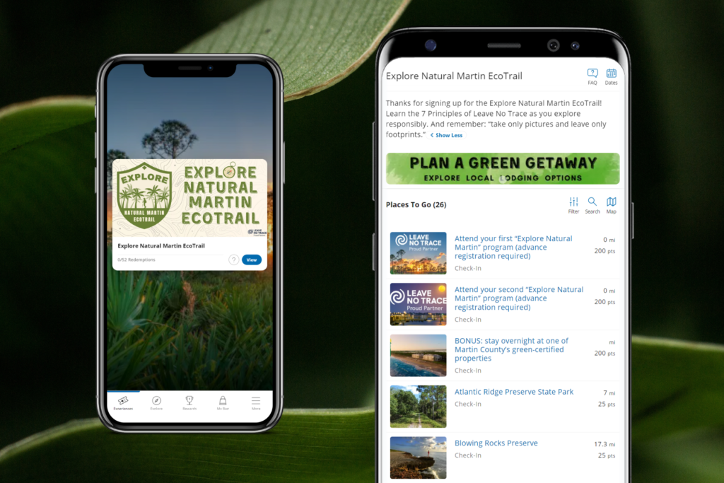 mock-ups of an iphone with the new Explore Natural Martin EcoTrail on the screen, showing the various stops of the trail.